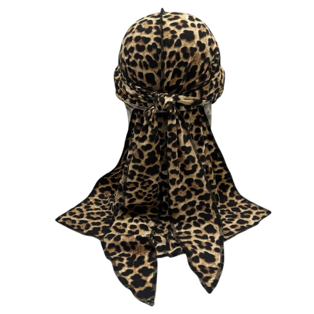 Animal Print Jersey Durag Long Tail Head Scarf Head Cap Cheetah Stretch Wave